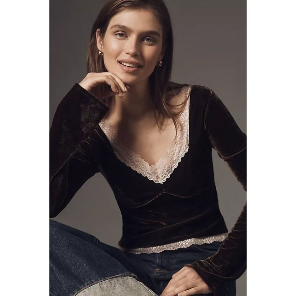 Anthropologie Velvet Lace Trim V-Neck Shirt Top Women's Size XL Brown